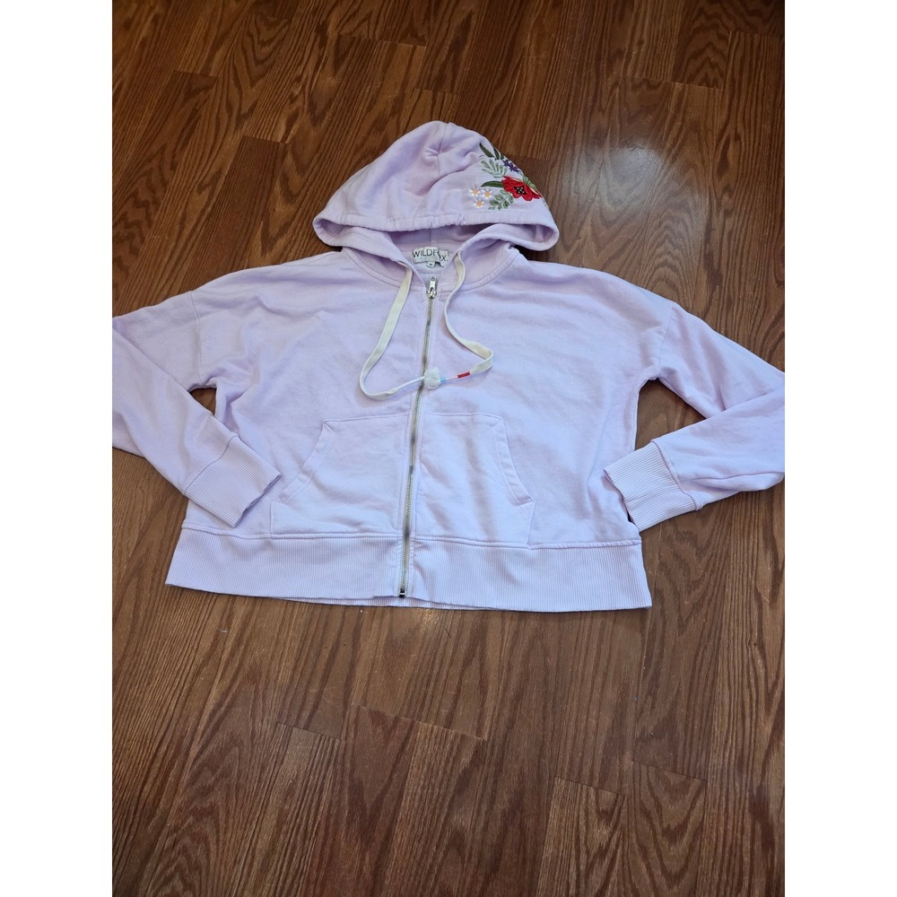 Wildfox Lavender Embroidered Floral Hoodie Zip Up Sweatshirt Womens Size Medium